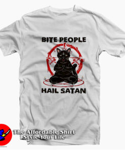 Funny Black Cat Bite People Hail Satan Unisex T-shirt